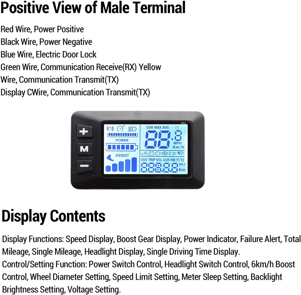 Electric Bike LCD Display, 5 Pin Electric LCD Display Meter Speedometer with Waterproof Connector, Ebike LCD Display Control Panel Screen, E Bike Scooter Parts