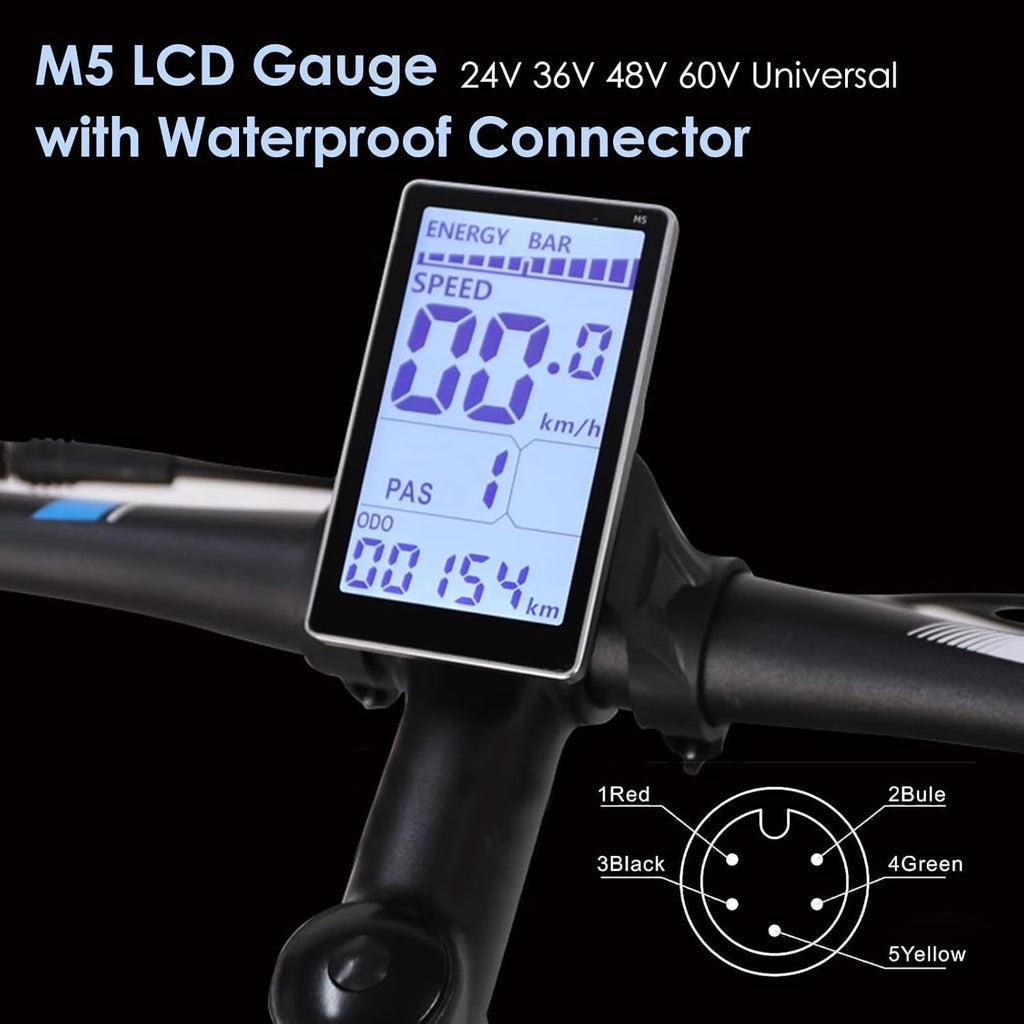 Electric Cycle LCD Display, 24V 36V 48V 60V Universal E Scooter M5 E Bike Display Meter Control Panel Waterproof 5 Pin Electric Scooter Panel Screen for 31.8 22.2Mm Electric Bike