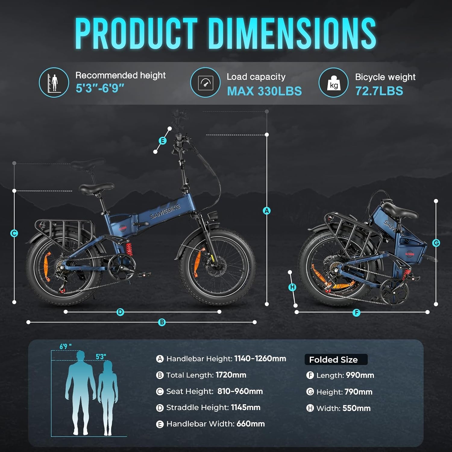 Electric Bike for Adults, Removable 48V 15AH Battery, E-Bike Range 45-100 KM, 20"*4.0 Fat Tire Folding Mountain Bikes with 7 Speeds, 20 Inch Electric Bicycle