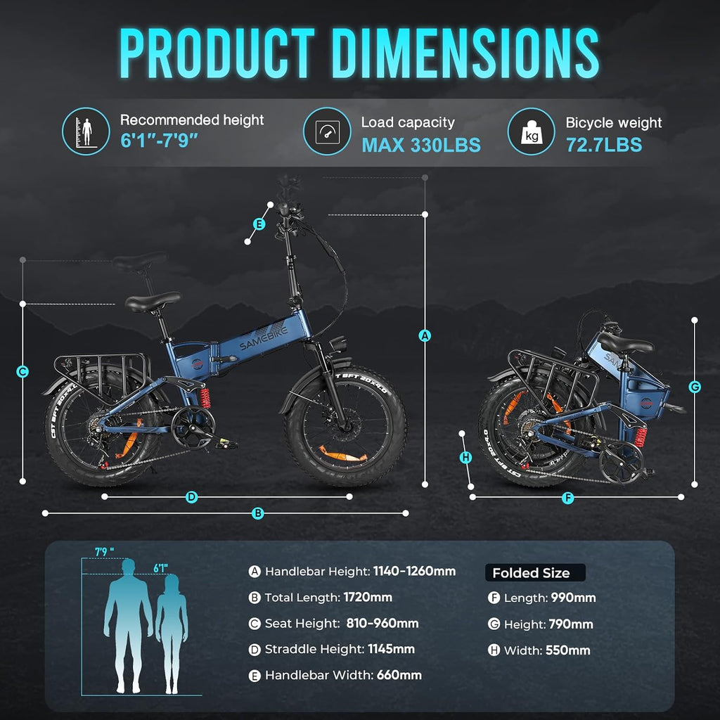 Electric Bike for Adults, Removable 48V 15AH Battery, E-Bike Range 45-100 KM, 20"*4.0 Fat Tire Folding Mountain Bikes with 7 Speeds, 20 Inch Electric Bicycle