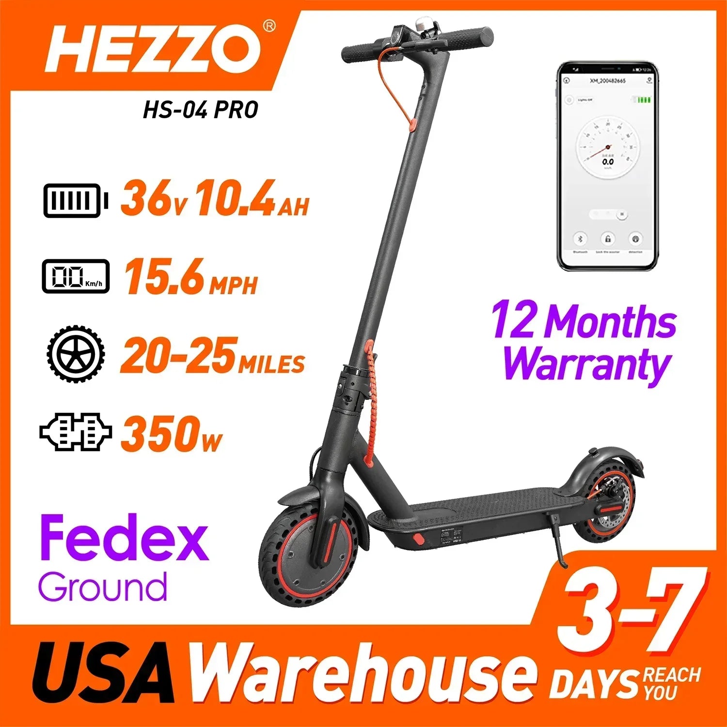 US Inventory HEZZO 350W Motor 36V10.4Ah Battery Electric Scooter Mobile APP Controlled Folding Electric Scooter