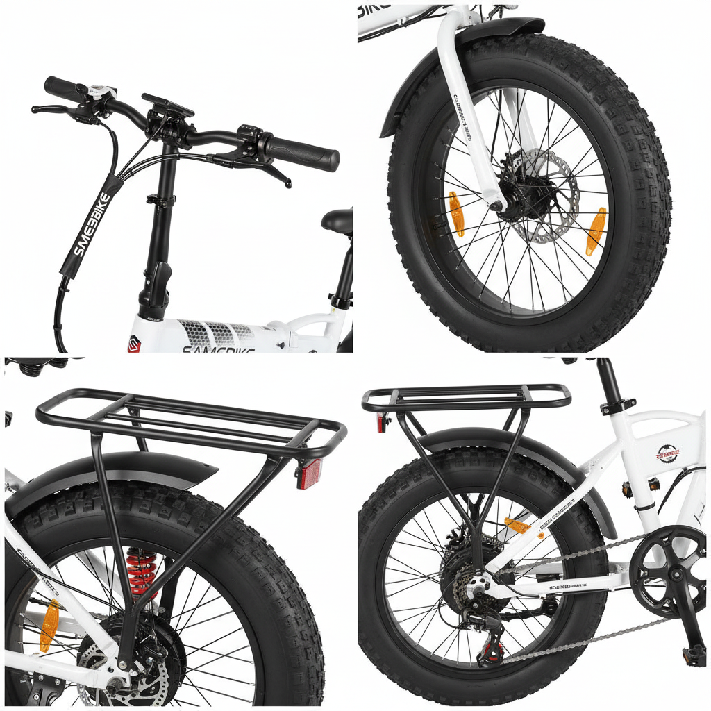 A white and black folding electric bicycle with fat tires, a rear cargo rack, and a red rear shock absorber, shown on a clean white background.