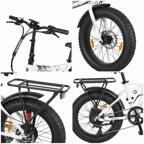 A white and black folding electric bicycle with fat tires, a rear cargo rack, and a red rear shock absorber, shown on a clean white background.