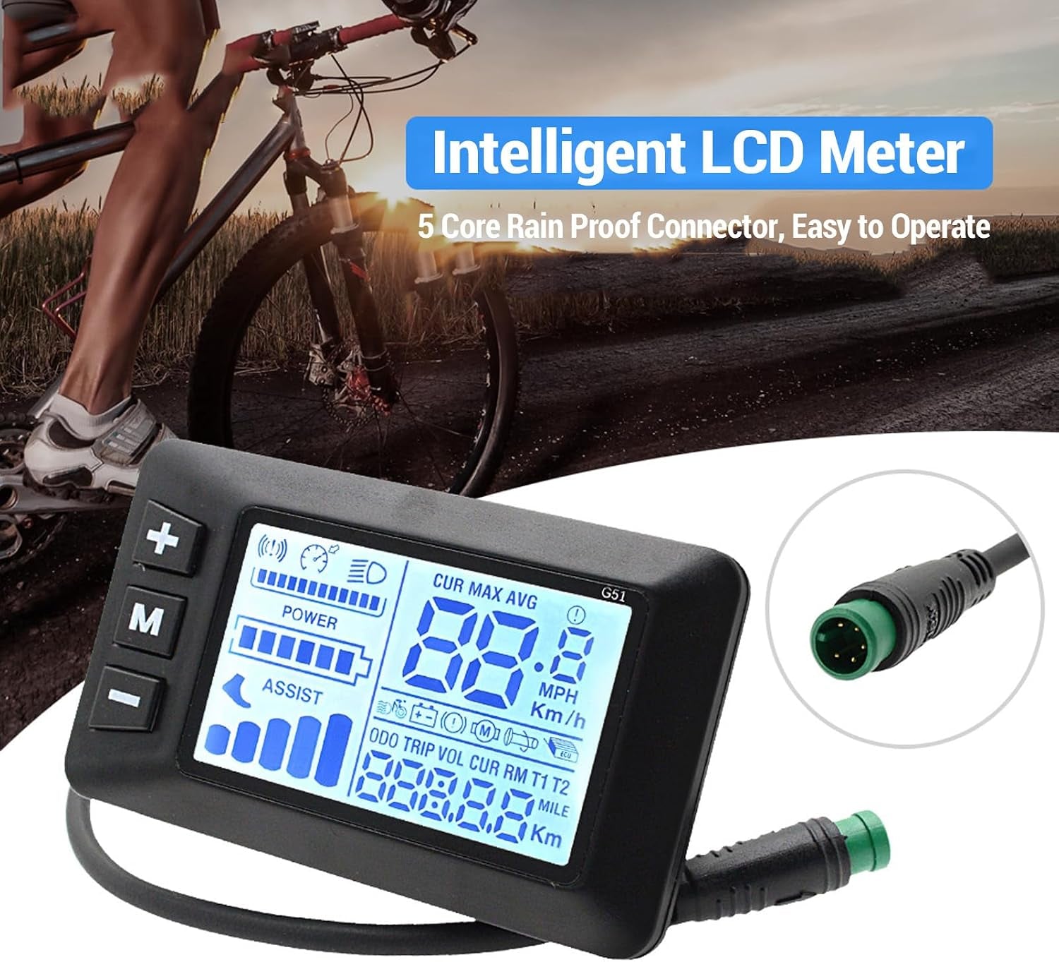 Electric Bike LCD Display, 5 Pin Electric LCD Display Meter Speedometer with Waterproof Connector, Ebike LCD Display Control Panel Screen, E Bike Scooter Parts