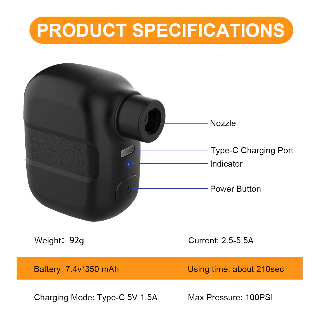 Mini Portable Bicycle Pump Rechargeable Electric Air Inflator 100PSI 5V Type-C Bike Accessories for Bike Schrader Presta Tires.